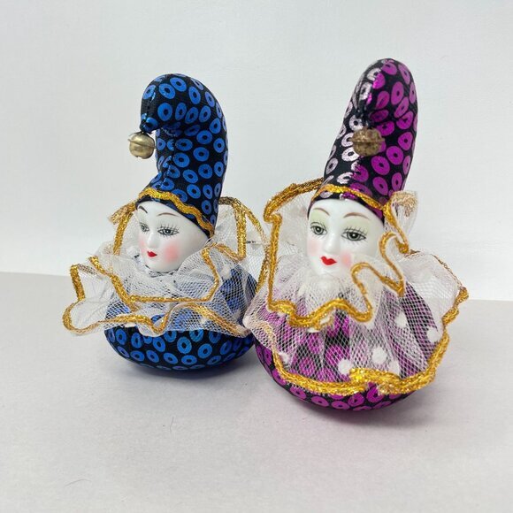 Pin Cushion Harlequin‎ Clowns SET OF 2 Porcelain Painted Face Pierrette Jester - Picture 3 of 10